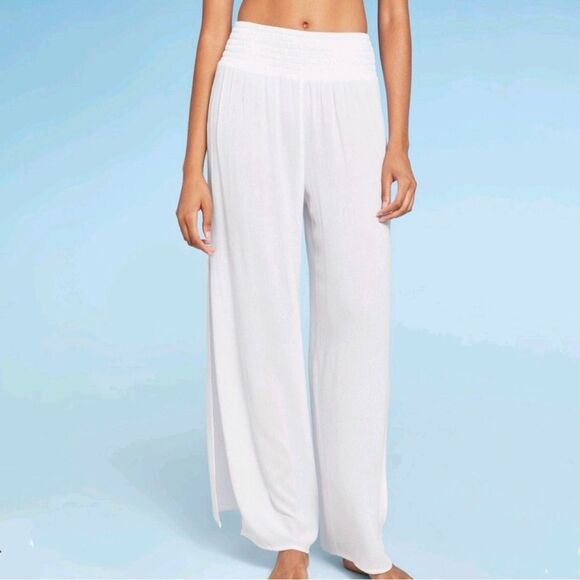 Shade & Shore White Smocked Waist Side Slit Cover-Up Pants | Large | Swim - Picture 4 of 10